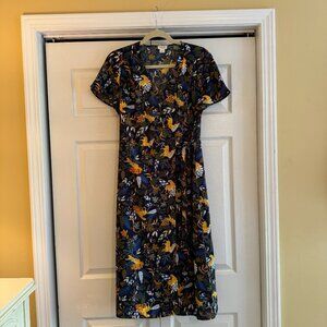 J. Crew Navy Tiger Motif Midi Wrap Dress